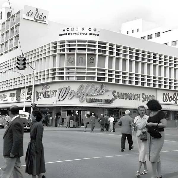 Black and white street view of Wolfie's Restaurant and Sandwich Shop with people walking outside.