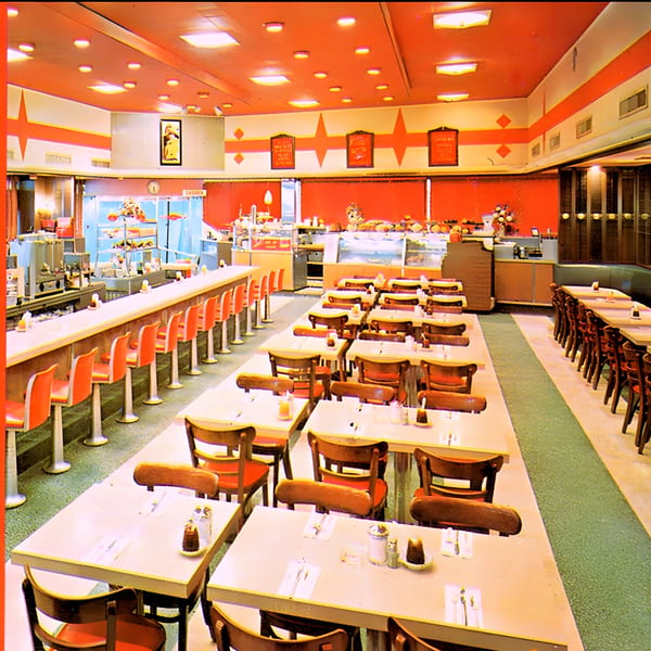The Original Wolfie's Restaurant interior, featuring a long counter with stools and dining tables with chairs.