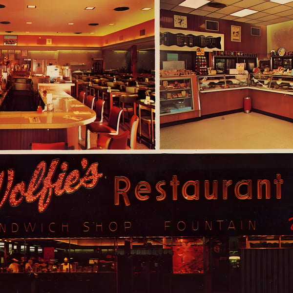 Collage of Wolfie's Restaurant interior with a long counter, dining area, deli cases, and neon sign.
