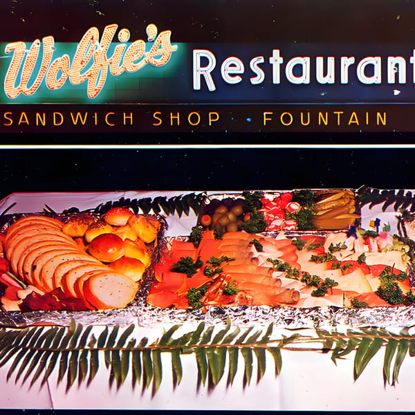 Wolfie's Restaurant neon sign above a deli platter with sliced meats, cheeses, and garnishes.